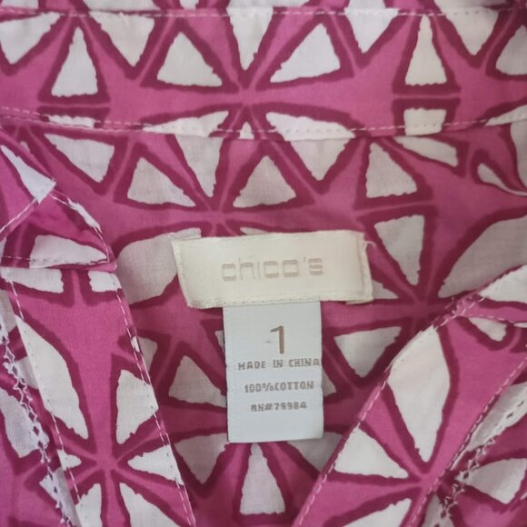 Chico’s Sz 1 (M) Pink White Geometric Print Button Cotton Blouse Shirt Roll Tab - Picture 2 of 9